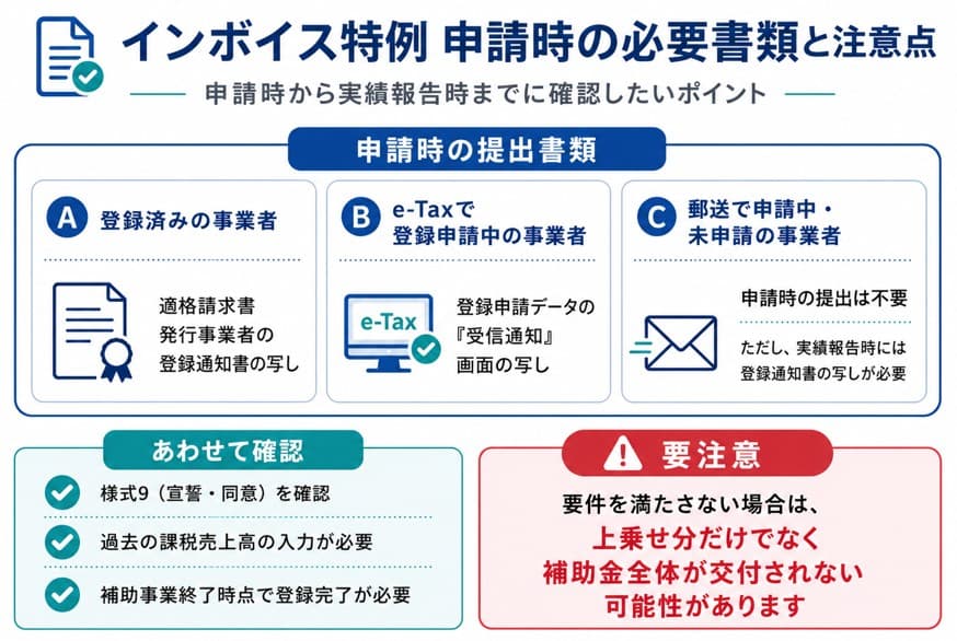 持続化補助金インボイス特例の申請時必要書類と注意点｜登録済み・e-Tax申請中・未申請の事業者別に整理