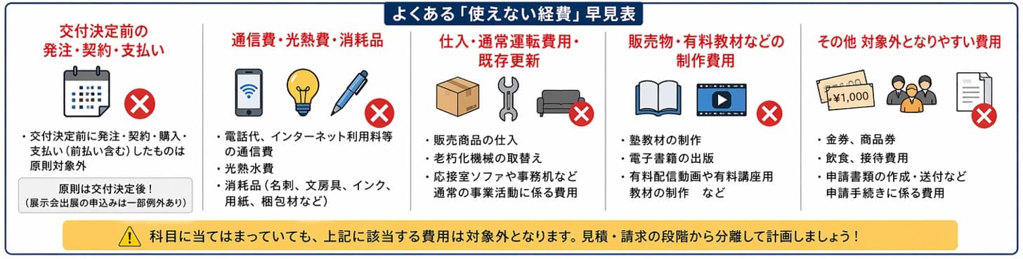 小規模事業者持続化補助金 よくある「使えない経費」早見表｜PC・消耗品・通信費・交付決定前支出など対象外経費チェック