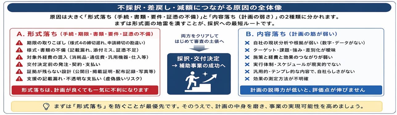 小規模事業者持続化補助金 不採択・差戻し・減額につながる原因の全体像|形式落ちと内容落ちの分類